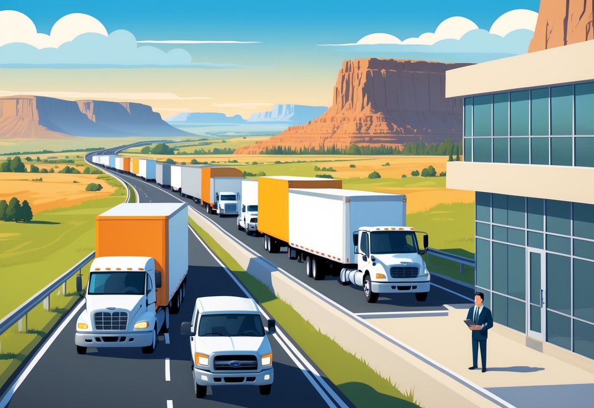 Commercial vehicles driving on a highway through South Dakota landscape with Badlands and Mount Rushmore in the background, and an insurance agent reviewing documents near an office.