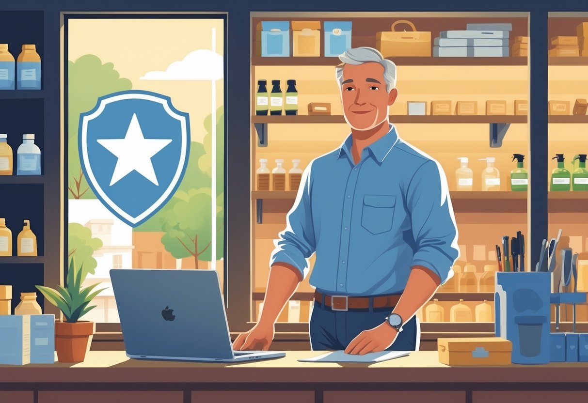 A small business owner standing inside a local shop in Tennessee with shelves of products and a Tennessee flag visible outside the window.