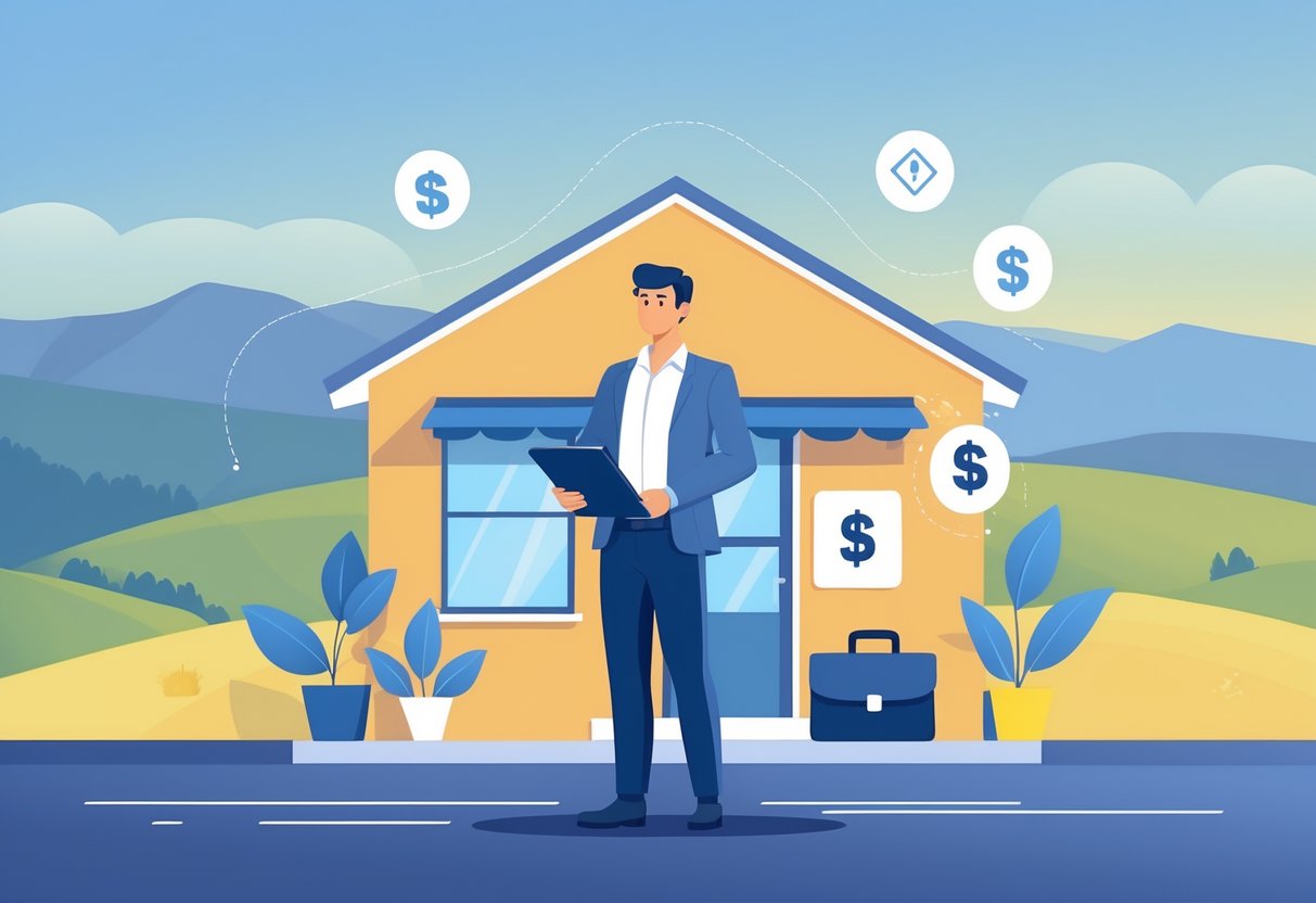 A self-employed business owner standing outside a small office with Tennessee hills in the background, holding a tablet and surrounded by insurance-related icons.