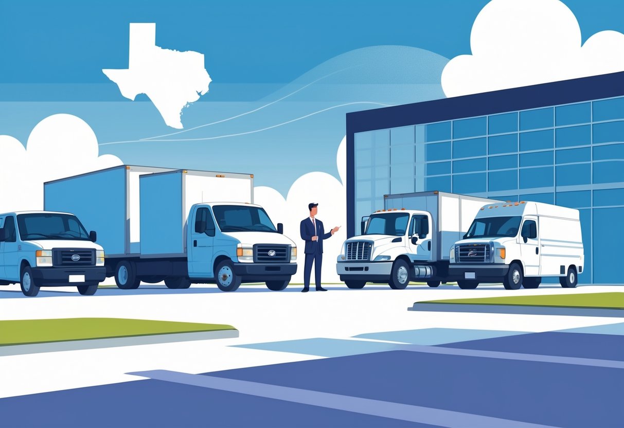 A business owner and an insurance agent standing near commercial vehicles including a delivery van and a semi-truck in front of an office building with a clear sky and a faint Texas state shape in the background.