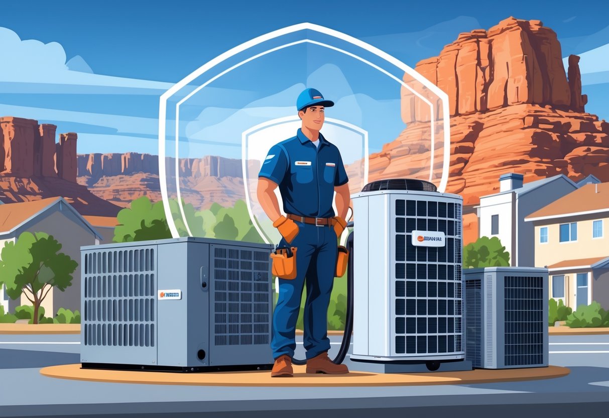An HVAC technician in safety gear standing next to air conditioning units with Utah red rock formations and buildings in the background, symbolizing protection and reliability.