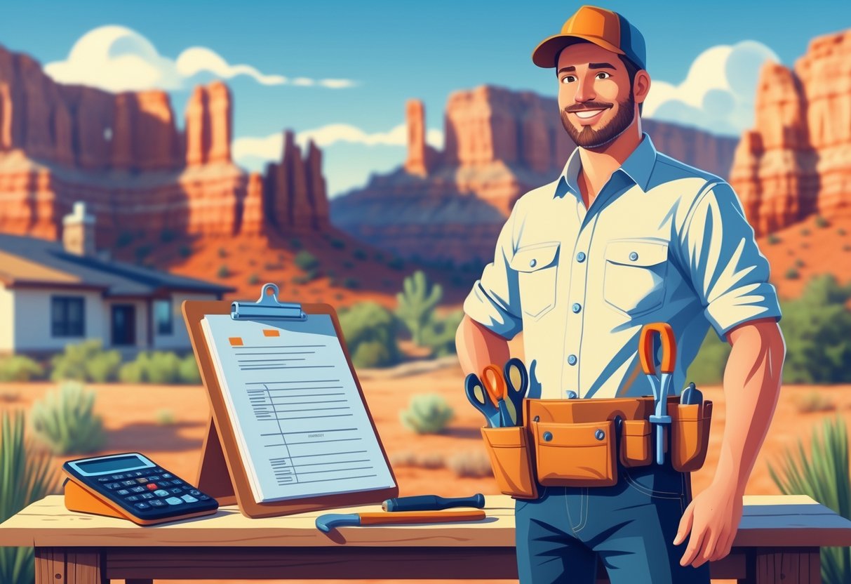 A handyman with tools stands in front of Utah red rock formations next to a workbench with documents and a calculator.