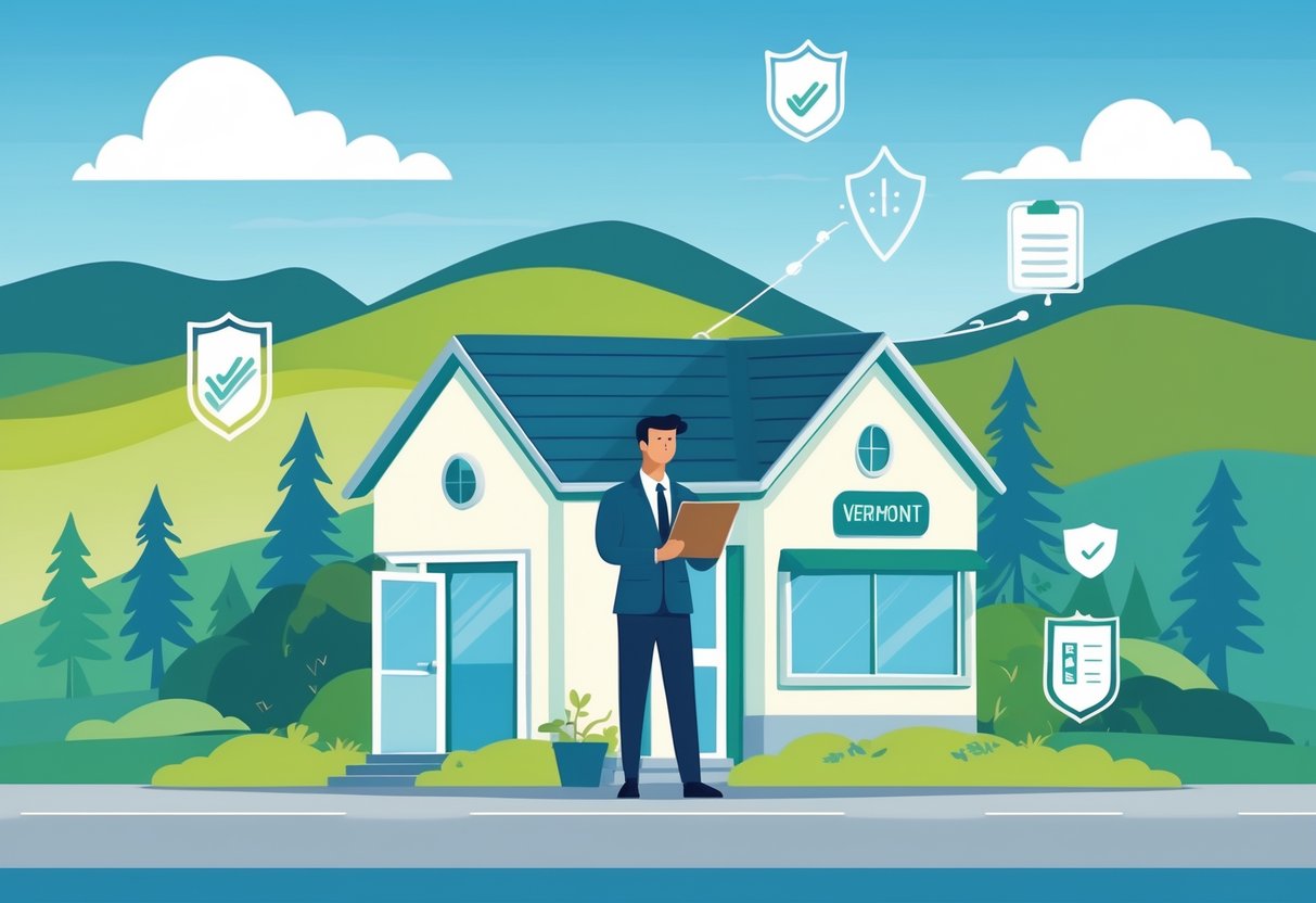 A self-employed business owner standing outside a small office building with Vermont hills and trees in the background, holding a tablet with insurance-related icons floating nearby.