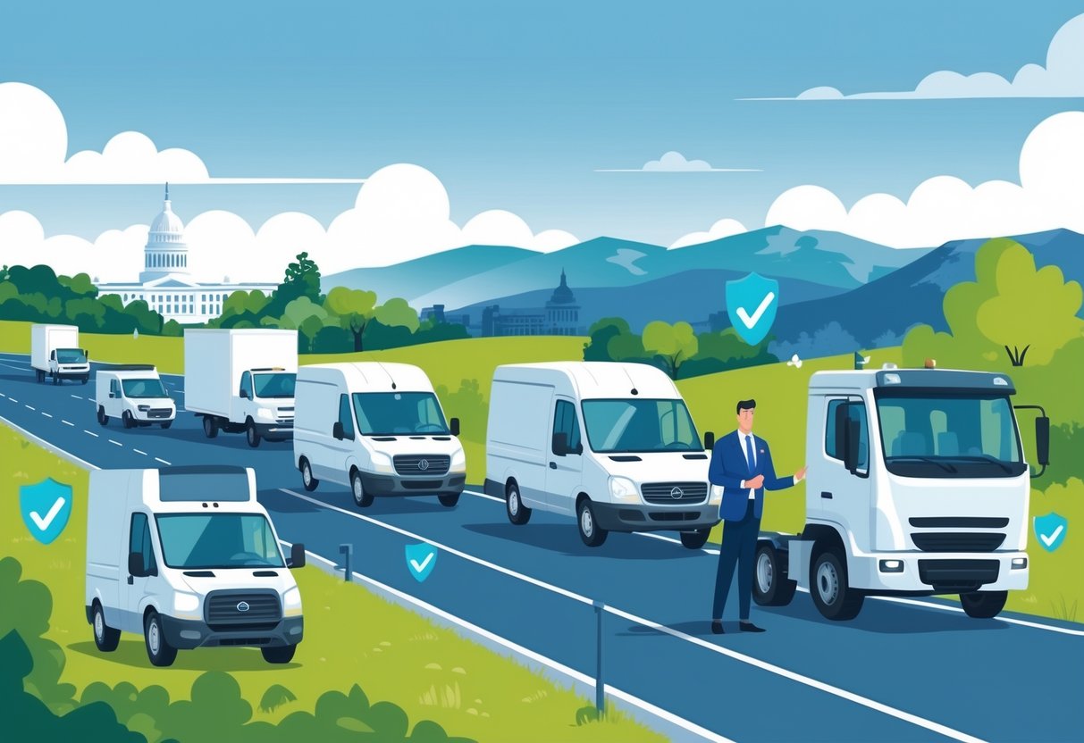 An insurance agent talking with a business owner next to commercial vehicles on a highway with Virginia landmarks in the background.