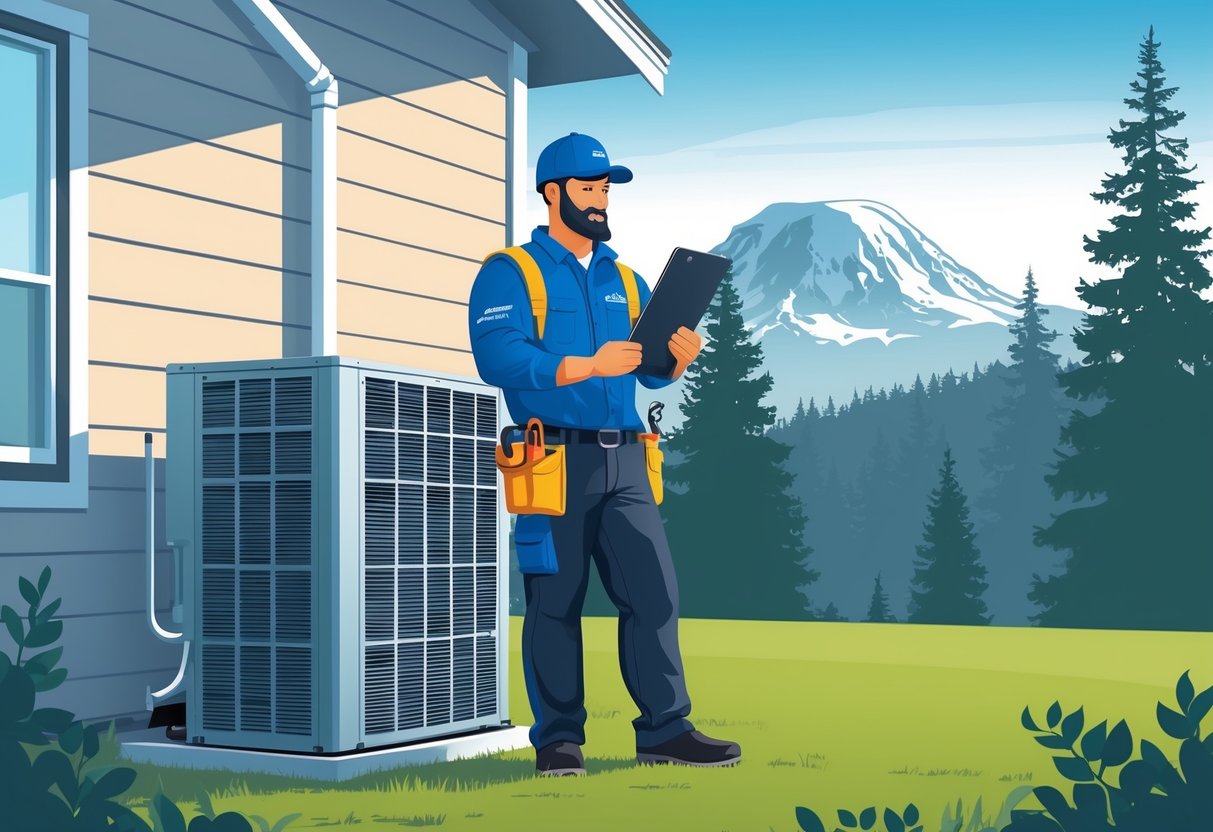 An HVAC contractor in safety gear inspecting a residential HVAC unit outdoors with evergreen trees and Mount Rainier in the background.
