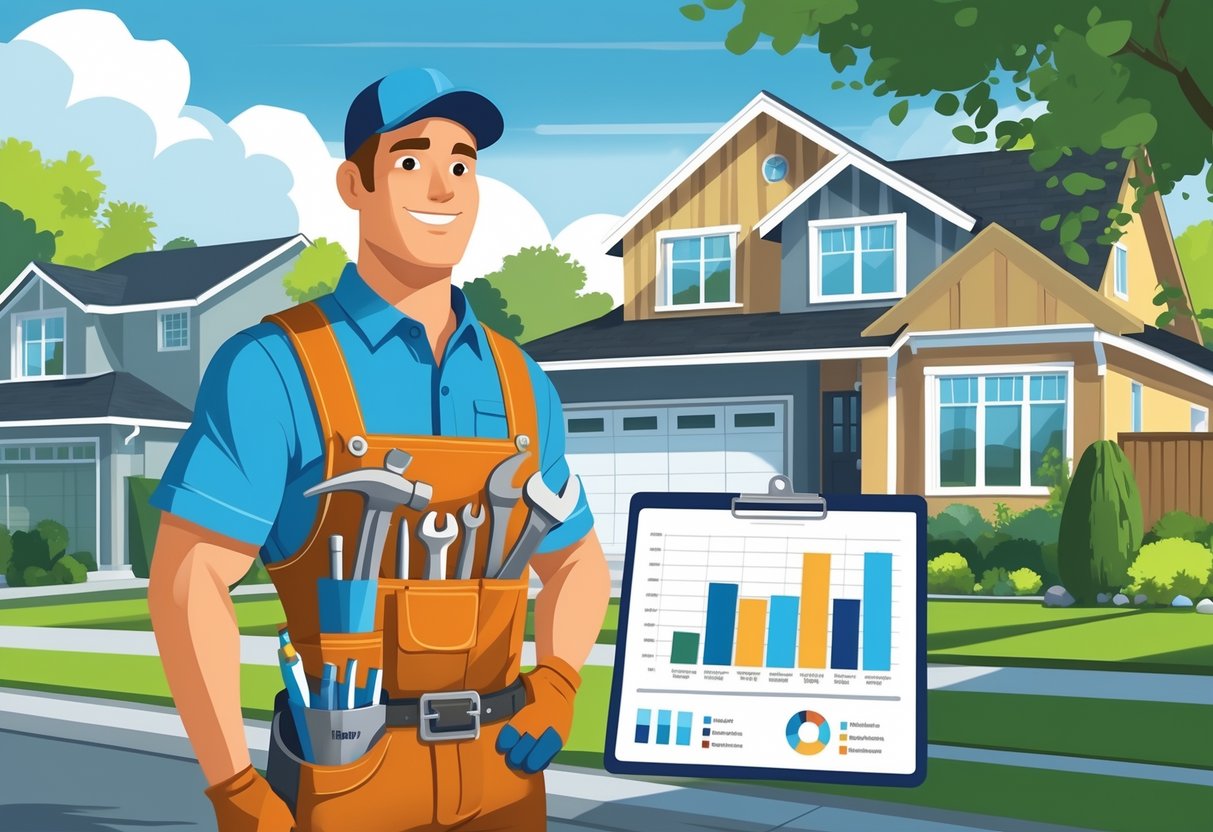 A handyman standing in a suburban neighborhood holding a clipboard with charts, surrounded by houses and greenery.