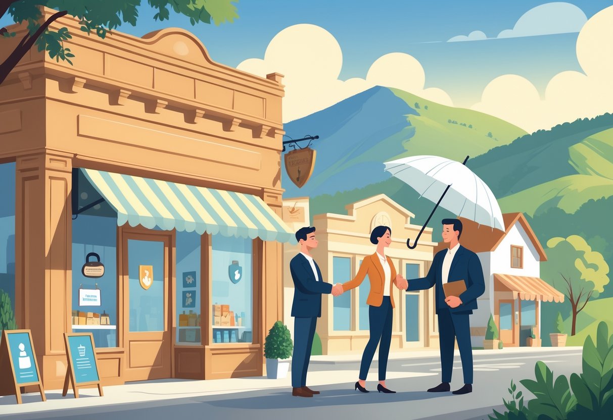 A small business owner shaking hands with an insurance agent outside a storefront in a West Virginia town with mountains in the background.