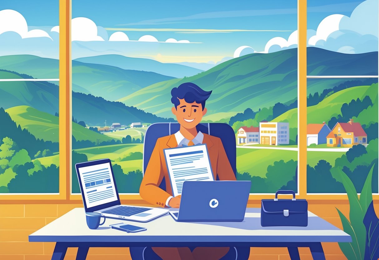 A person at a desk reviewing insurance documents with a window showing mountains and a small town in the background.