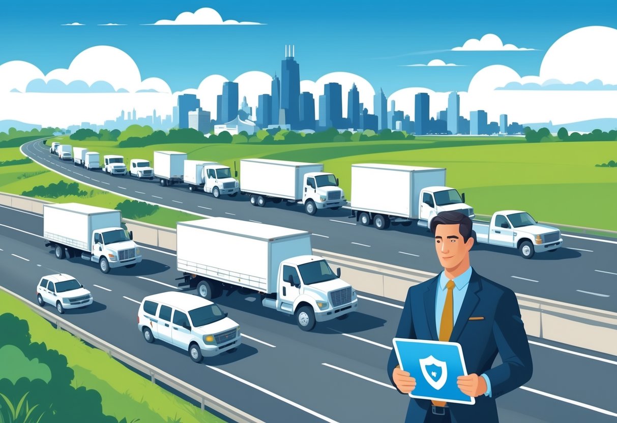 Commercial vehicles driving on a highway in Wisconsin with a businessperson reviewing insurance documents nearby.