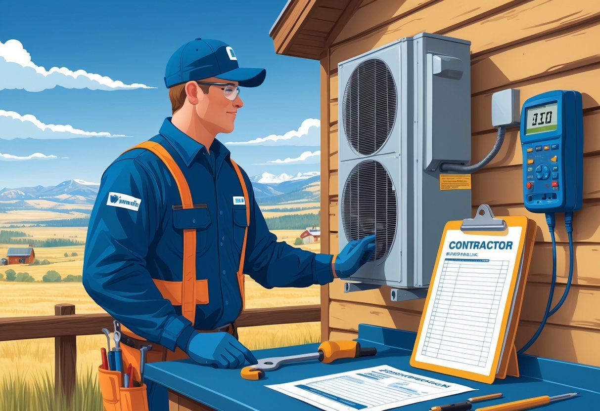 An HVAC technician inspecting an outdoor HVAC unit on a rustic building with Wyoming landscape in the background, with tools and insurance documents on a nearby workbench.