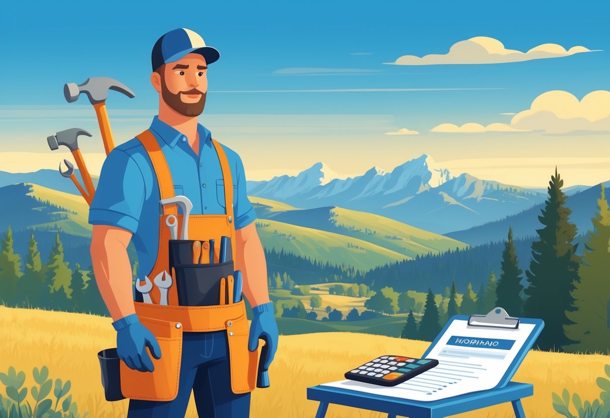 A handyman standing outdoors in a Wyoming landscape with tools, a clipboard, and a calculator nearby.